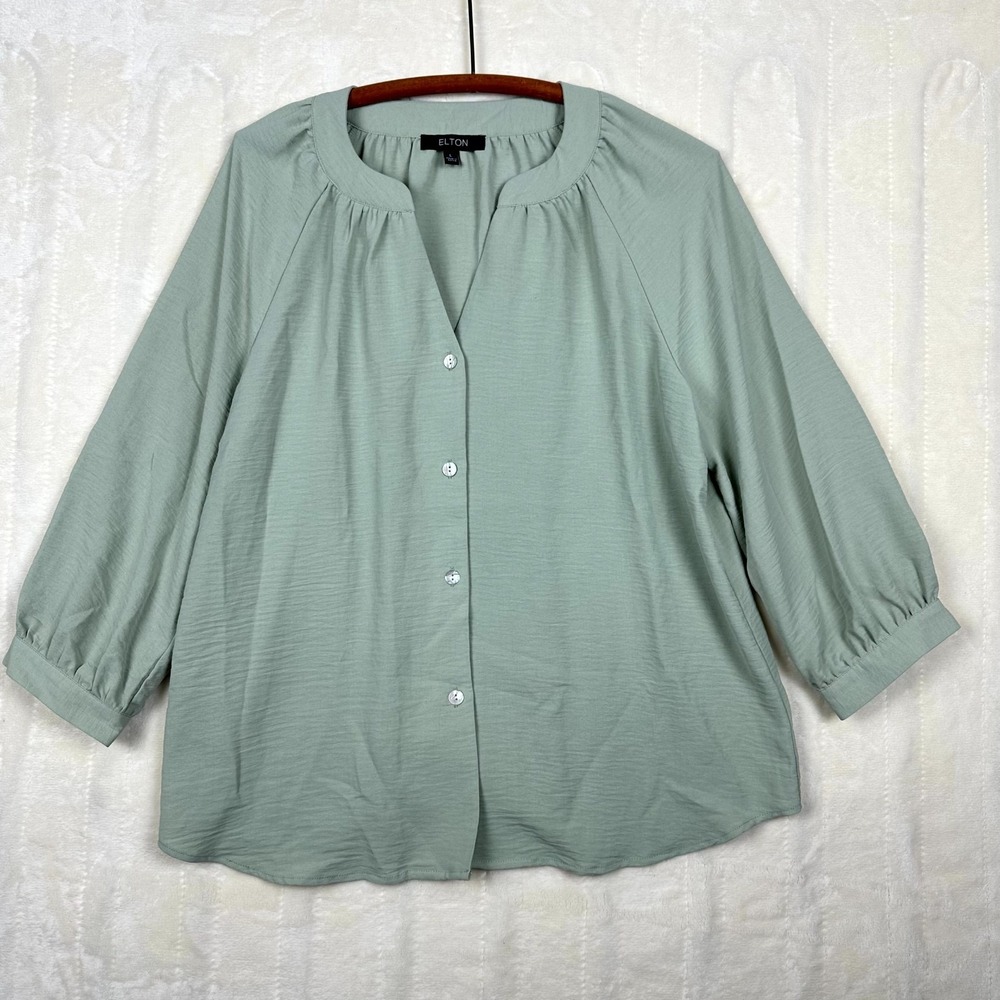 ELTON Women's Sage Green Blouse L Raglan Sleeve Button Front‎ Flowy Top NWOT